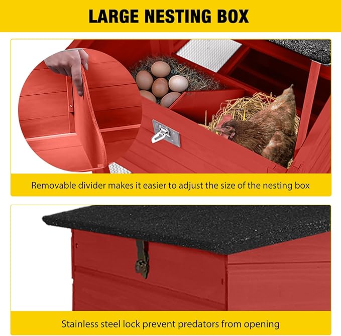 Wooden Chicken Coop, Large Chicken Tractor with Wheels, Weatherproof Hen House with Nest Box and Removable Tray, Mobile Poultry Hutch for 2-4 Chickens, Rabbits & Ducks (Red)
