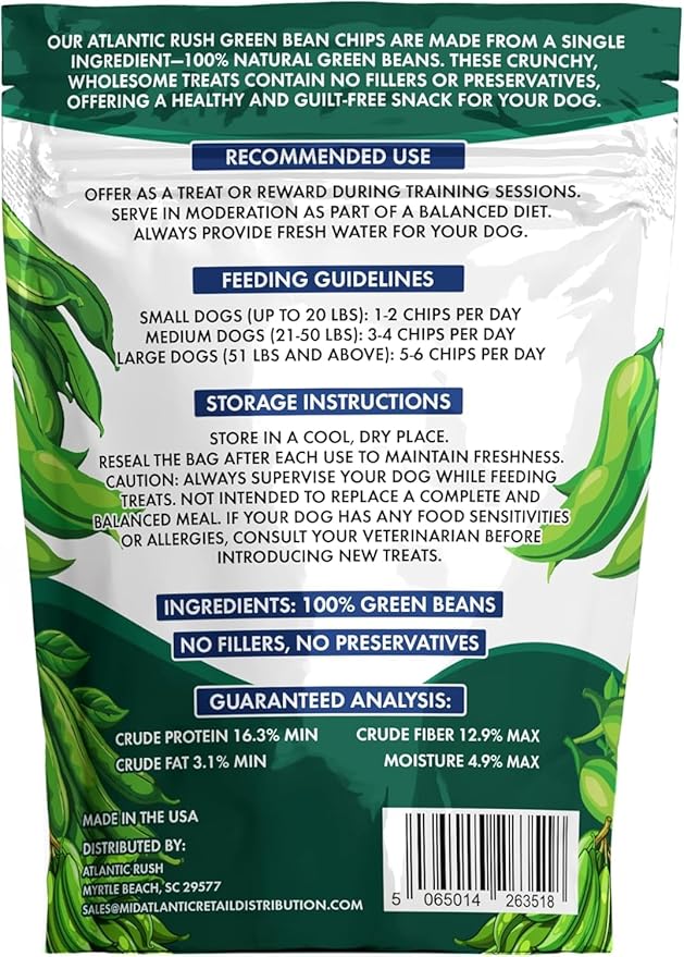 Atlantic Rush Freeze Dried Green Bean Chips for Dogs- 1oz Resealable Bag of Dried, Green Crispy Beans- Single Ingredient, No Salt or Canola Oil- Crispy, Shelf Stable - Made in USA (3, 1 oz Bag)