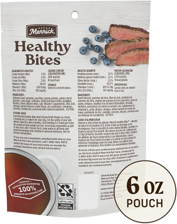 Healthy Bites Grain Free Dog Treats, Soft Treats with Bone Broth for Dogs, Beef and Bone Broth Recipe - 6 oz. Pouch
