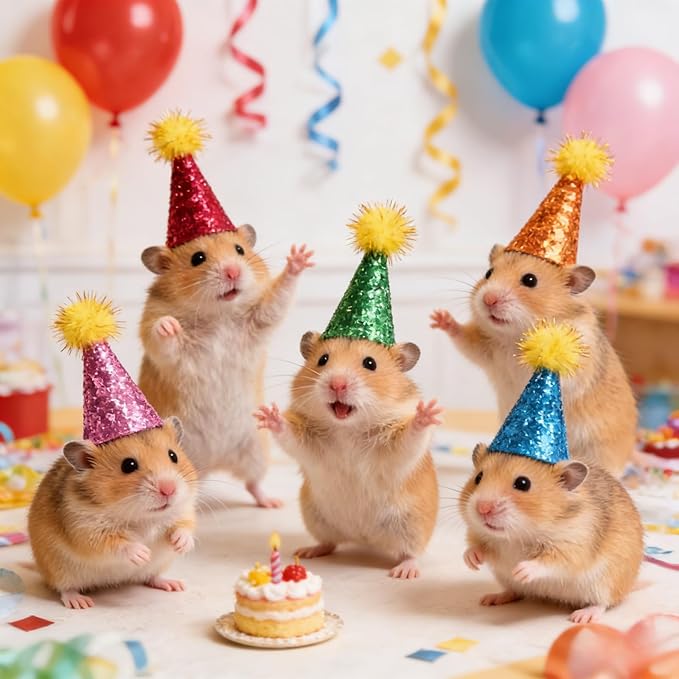 20 Pcs Mini Party Hats for Small Pets | Multi-Color Glitter Tiny Hats for Hamster Guinea Pig Lizard Stuffed Animals - Perfect for Small Pet Birthday Party Accessories, Cake Toppers & DIY Crafts