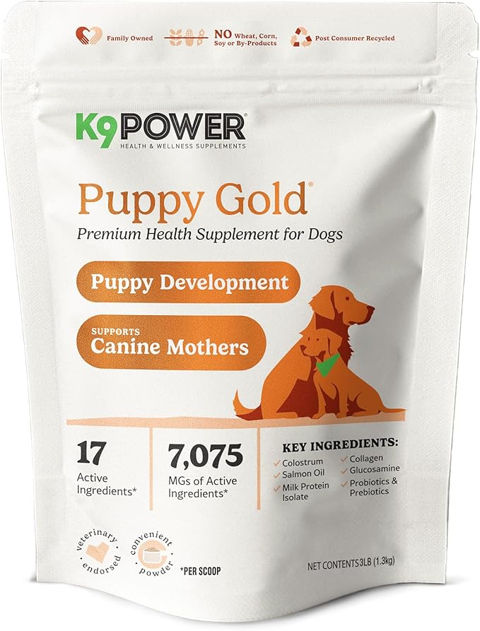 K9Power Puppy Gold 3lb – Puppy Supplement for Growth & Development – Also Supports Pregnant & Nursing Mothers – Colostrum, DHA, Glucosamine, Collagen, Probiotics, Creatine, Milk Protein, Salmon Oil