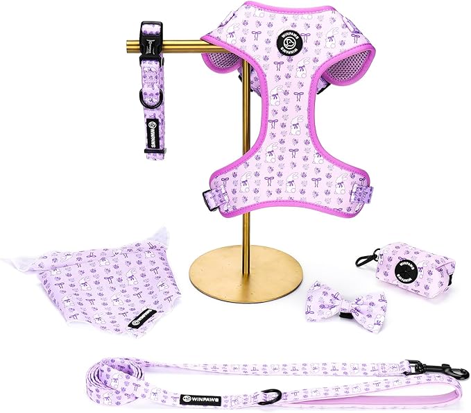 Dog Harness and Leash Collar Set with Dog Poop Bag Holder and Bandanas, Escape Proof Adjustable Puppy Cat Vest with Soft Mesh Padded, Pet Supplies for Small Medium Large Dogs Kitten(Purple, M)