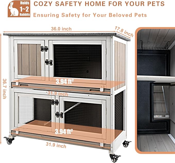 Gowoodhut 36" L Rabbit Hutch Indoor Wooden 2 Story Bunny Hutch Rabbit Cage Outdoor Bunny Cage on 4 Metal Wheels and 2 Deeper Pull Out Trays, Ramp, Guinea Pig Pet House for Small Animals, Grey