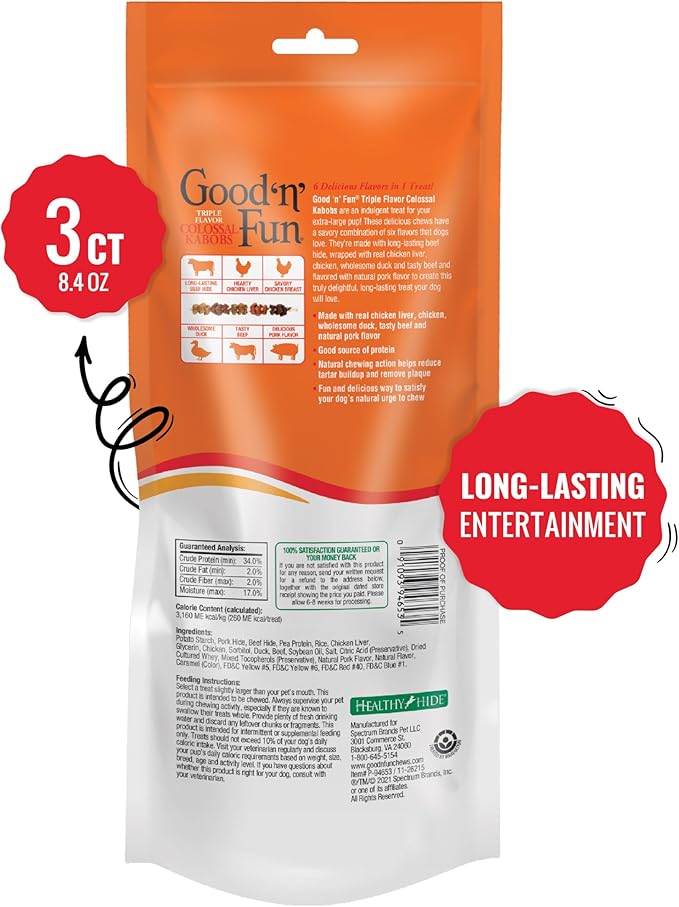 GOOD 'N' FUN Triple Flavor Colossal Kabobs Chews for Dogs, 3 Count, Treat Your Extra-Large Dog to Chews Made with Beef Hide, Chicken Liver, Chicken, Duck, Beef and Pork Flavor