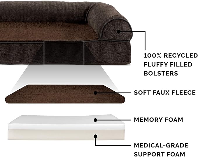 Furhaven Memory Foam Dog Bed for Medium/Small Dogs w/ Removable Bolsters & Washable Cover, For Dogs Up to 35 lbs - Sherpa & Chenille Sofa - Coffee, Medium