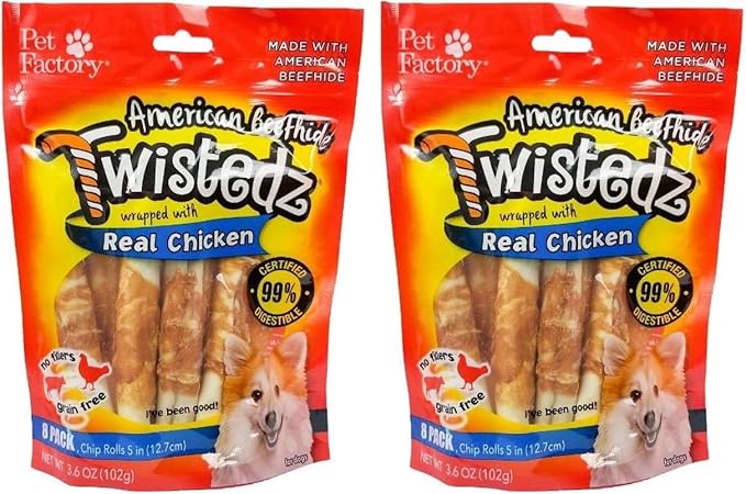 Pet Factory Twistedz American Beefhide 5" Chip Rolls Dog Chew Treats w/Real Chicken Meat Wrap - 8 Count/2 Pack