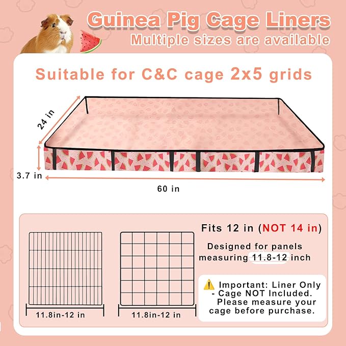 Waterproof Guinea Pig Cage Liners, Washable & Reusable Small Animal Cage Mat, for Rabbit, Hamster, Chinchilla, Hedgehog (Watermelon),C&C 24x60 inches