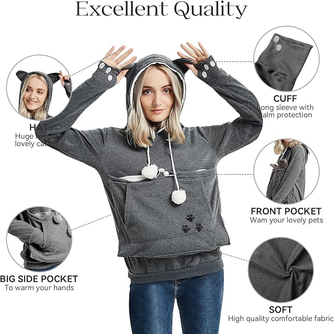 YYW Womens Pet Hoodies Pullover Sweatshirt Oversized Cat Hoodies Pet Holder Cat Dog Pouch Carriers (Dark Grey,XX-Large)