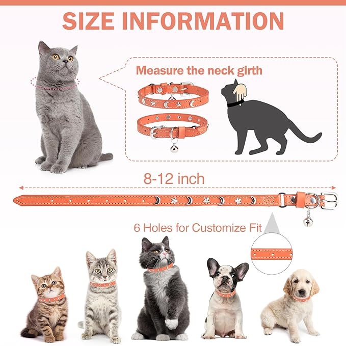Leather Cat Collars for Boy Girl Cats with Bell and Safety Elastic Belt, Personalized Star and Moon Stud Adjustable Safe Buckle Collar for Kitty Small Big Cats Size 8-12 Inch, Orange