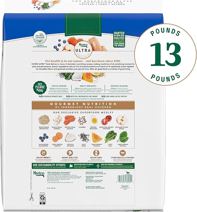 Nutro Ultra Adult Large Breed Dry Dog Food, Chicken, Lamb and Salmon Protein Trio, Adult Dog Food Dry Recipe, 13 lb. Bag