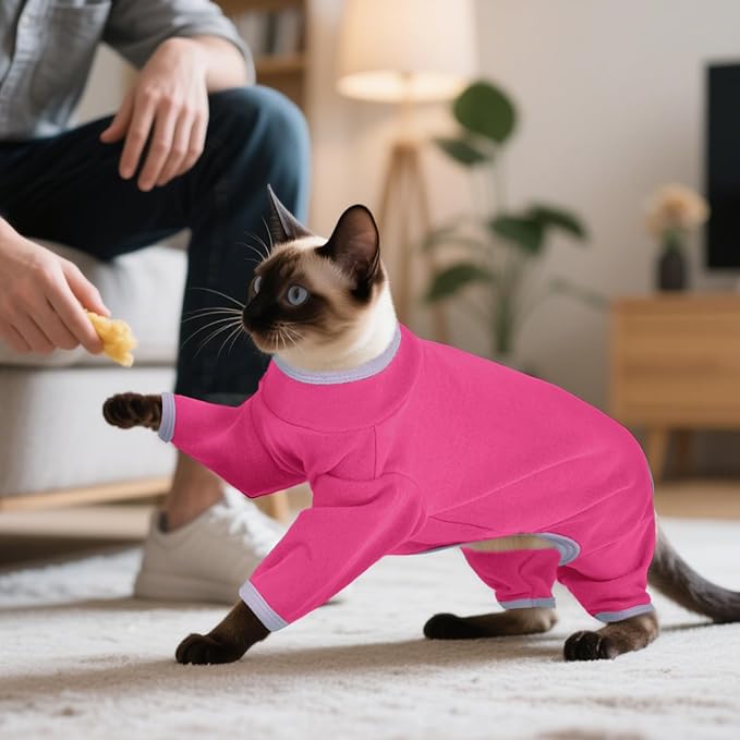 DENTRUN Cat Clothes for Hair Control with Hair Sticky Fabric - Soft Recovery Suit & Breathable Lint-Resistant Cat Sweater for Cats Only, Kitten Onesie Pajamas, XL, Bright Pink