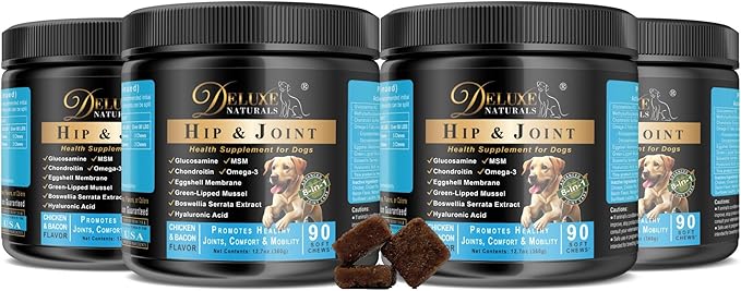 Hip and Joint Soft Chews for Dogs – 360 Count (Pack of 4 x 90) – Joint Supplement with Glucosamine, MSM, Chondroitin, Omega-3 – Large Value Pack – Chicken & Bacon Flavor