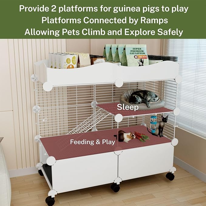 STILLCOVE Small Guinea Pig Cages Indoor, C&C Chinchilla Rat Cage Rabbit House on Wheels with Tray