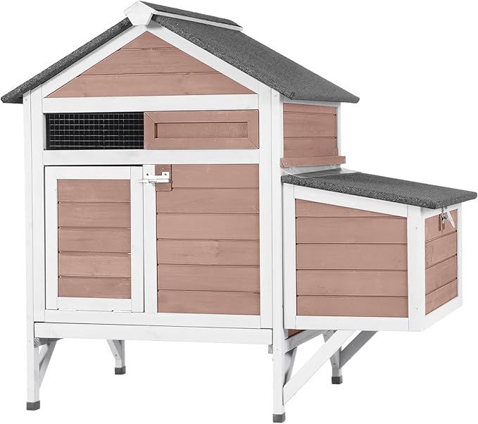 GUTINNEEN Small Chicken Coop with Nesting Box for 2–3 Chickens, Outdoor Duck House Raised Rabbit Hutch with Weatherpoof Asphalt Roof, 2 Perches, Easy Clean Pull-Out Tray, 40.94" L(Brown)