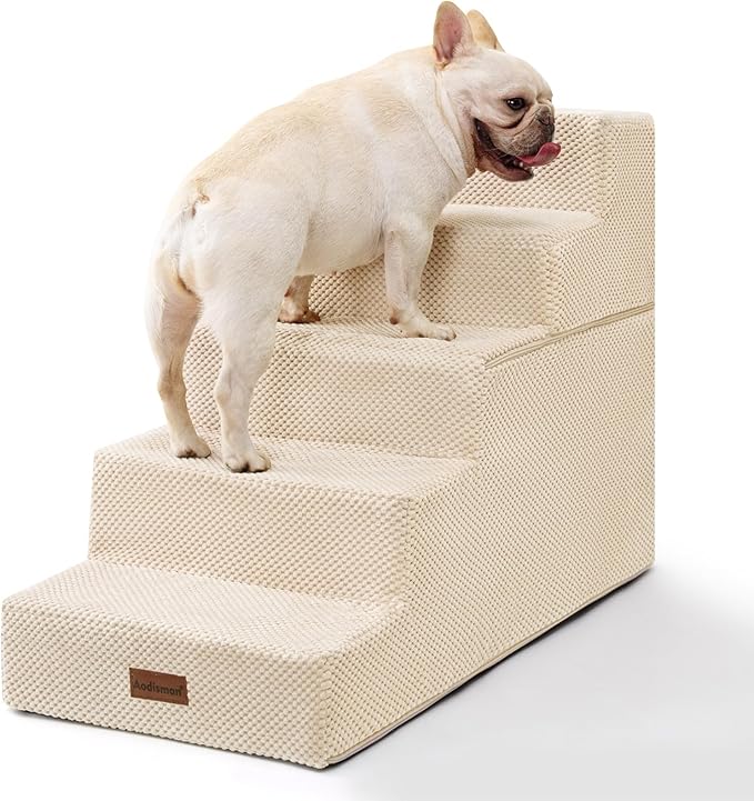 Aodisman Dog Stairs for High Bed 22.6" H,5-Step Dog Steps for Small Dogs and Cats,Indoor Non-Slip Balanced Pet Stairs are Suitable for Puppy,Older Cat,Beige