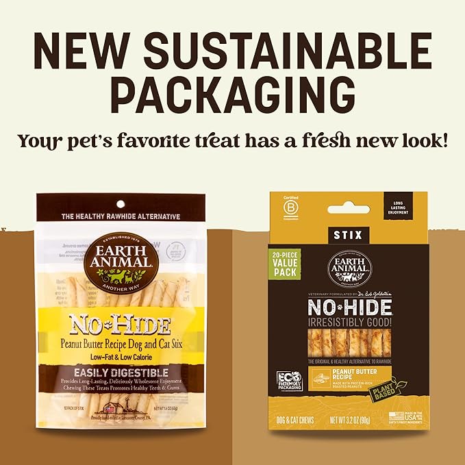 Earth Animal No Hide Stix - Long Lasting Rawhide Free Small Dog Chews Sticks, Peanut Butter - 10 Count