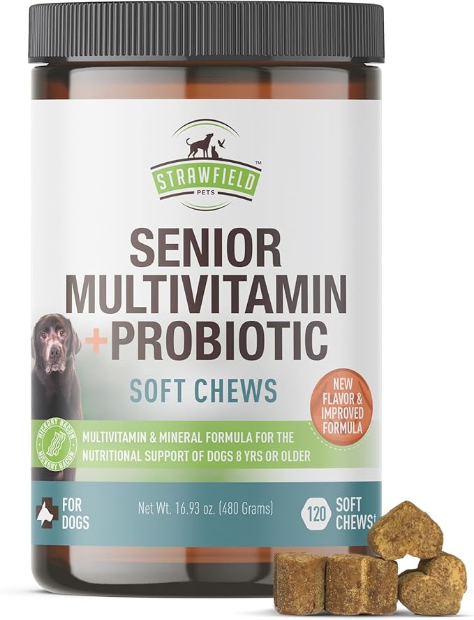 Strawfield Pets Senior Multivitamin + Probiotics for Dogs with Milk Thistle Joint Support Supplement for Dogs Bacon Flavor 120 Soft Chews