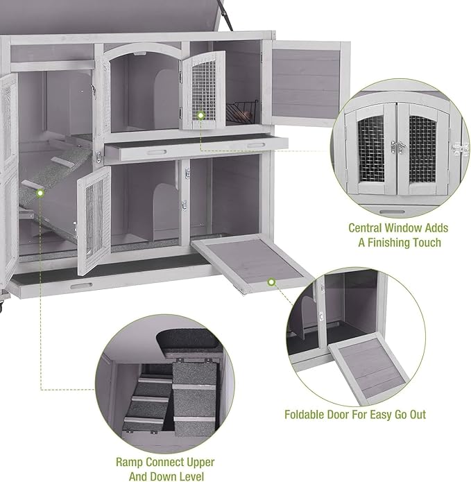 GUTINNEEN Guinea Pig Cage 2-Tier Indoor Outdoor Rabbit Hutch with Wheels, Leakproof Tray, Easy Clean Small Animal Habitat for Bunny, Hamster, Hedgehog, Ferret, Home & Garden Use