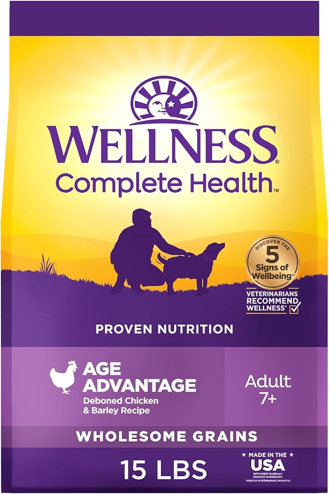 Wellness Complete Health Senior Dry Dog Food, Wholesome Grains, Natural, Age Advantage Chicken & Barley Recipe, (15-Pound Bag)