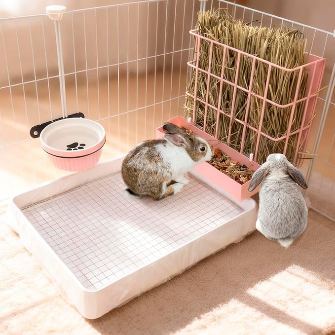 BESNEW 3 in 1 Rabbit Hay Feeder with Litter Box,Upgraded Metal Hay Rack & Litter Tray & Water Bowl,Quick Cleaning,Easy to Install,Bunny Supplies for Rabbit Guinea Pig Chinchilla Small Animals