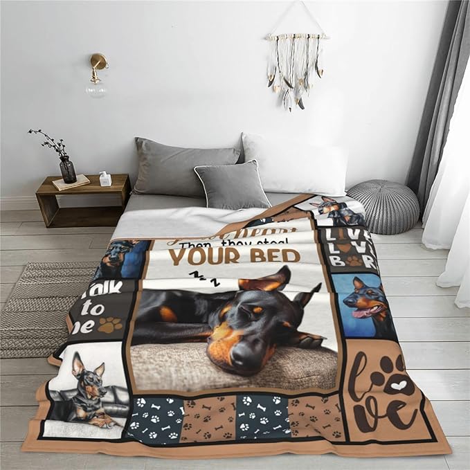 Doberman Gifts Blanket, Dog Throw Blankets, Doberman Gift for Women Boys Girls Men Lover Adult Cozy Fleece Flannel Bedding Stuff Animal Plush for Couch Sofa Bed Decor 60"X50"