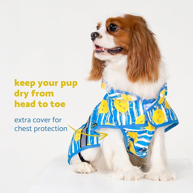 Fitwarm Stirped Sun Dog Raincoat, Waterproof Rain Jacket for Small Dogs Boy Girl, Reflective Puppy Poncho with Harness Hole, Packable, Adjustable, Blue, Yellow, White, XL