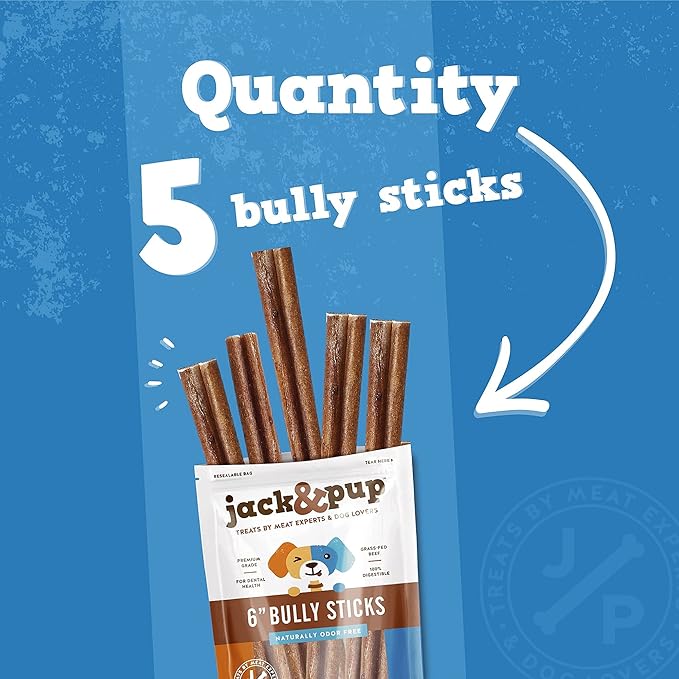 Jack&Pup 6 Inch Bully Sticks for Dogs (5 Pack) Extra Thick Long Lasting Dog Chews, Single Ingredient, 100% Beef Bully Sticks for Large Dogs