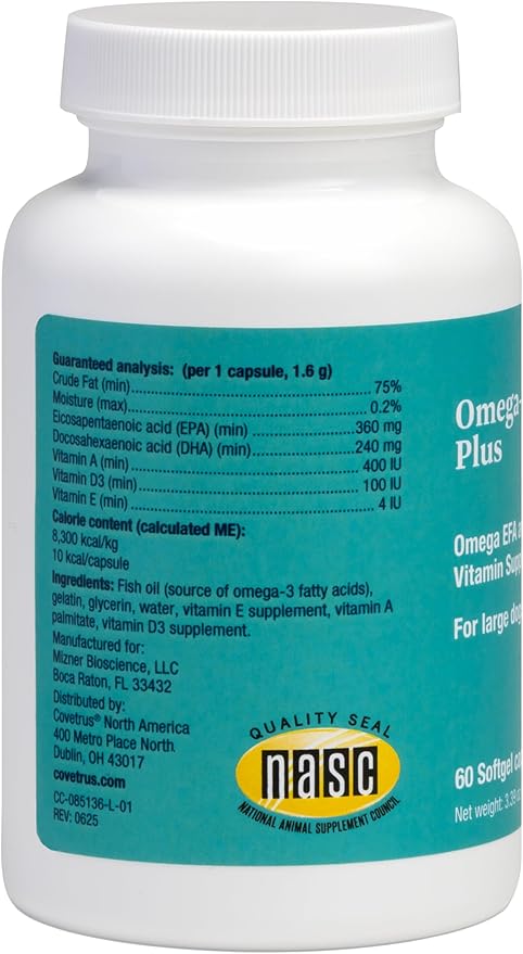 Covetrus Omega-3 Soft Gels for Large Dogs – Essential Fatty Acids with Vitamins A, E & D3 – Skin, Coat & Joint Supplement – 60 Count