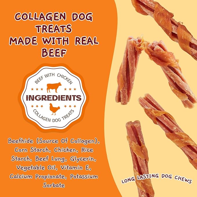 Jungle Calling 22 Count Beef Collagen Sticks, Long Lasting Dog Chews, Chicken Wrapped Treats, Rawhide Alternative for Small Medium Large Dogs, Dental Health, Beef Lung Flavored Bones,14.1 oz