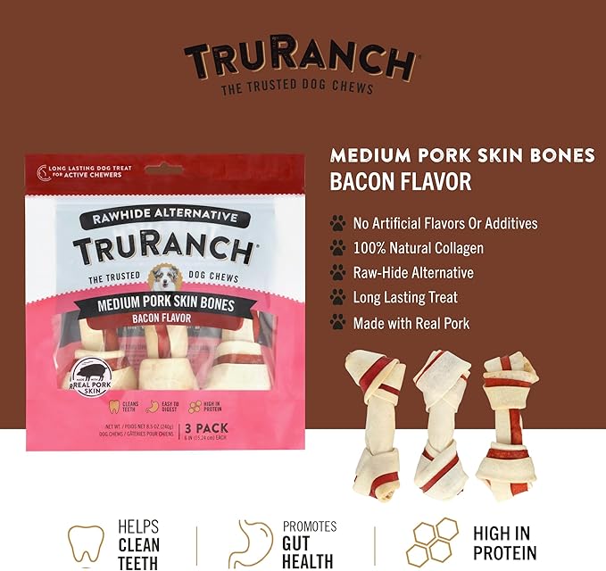 TRURANCH Medium Pork Skin Bones, Bacon Flavor - Collagen Bones for Dogs - Made with Real Pork Skin - Rawhide Alternative - Limited Ingredient - Easy to Digest Treat, 1 Bag, 3 Count