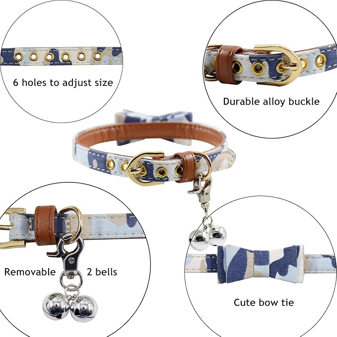 3PCS Bow Tie Dog Collar and Leash Set Plaid/Camo/Dots/Flower Dog Bandanas with Bell 3 Size Adjustable for Small Dogs Puppies and Cats (S, Camo 3)