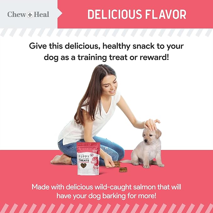 Chew + Heal Labs Dog Salmon Jerky for Puppies - 12 oz of Wild Caught Alaskan Salmon Jerky for Puppy Development with Chickpeas, Carrots, Sweet Potato, and Fruit - Made in The USA