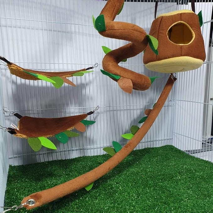 HOT! 5 Pcs Sugar Glider Hamster Squirrel Chinchillas Small Pet Cage Set Hanging Vertical Log Forest Pattern Get Free 1 Small Pet Treats, Polar Bear's Republic (Light Brown Set)