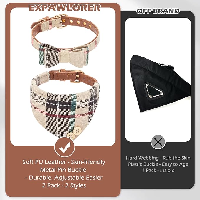 EXPAWLORER Dog Collar and Bandana Set - Classic Plaid Dog Bow Tie and Bandana Collar with PU Leather, Adjustable Collars for Small Medium Large Dogs Cats, Holiday Ideal Gift, Beige M