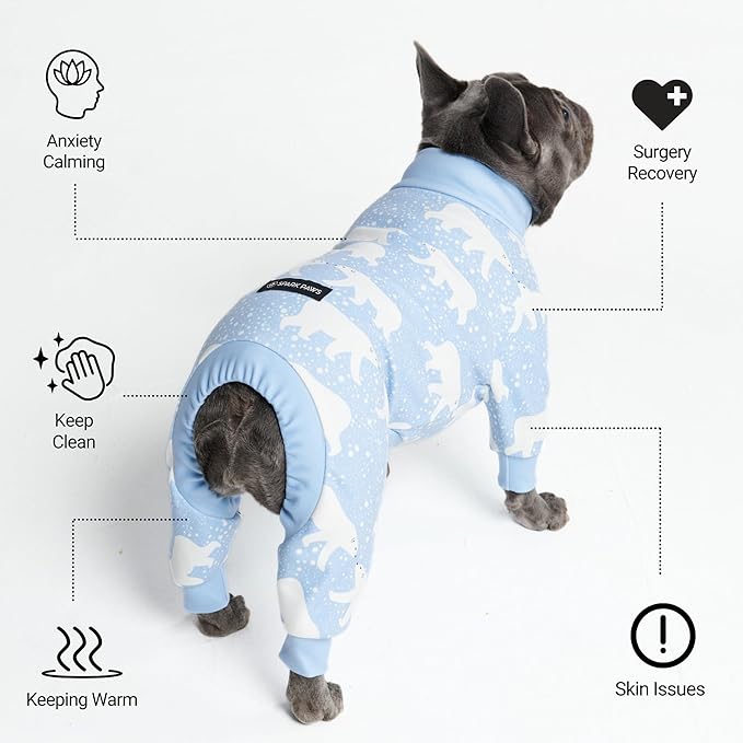 Spark Paws Dog Pajama, Dog Recovery Suit Male, Onesie, Ultra-Soft and 4-Way Stretch, for Small Medium and Large Breeds - Snowy Polar Bear - L