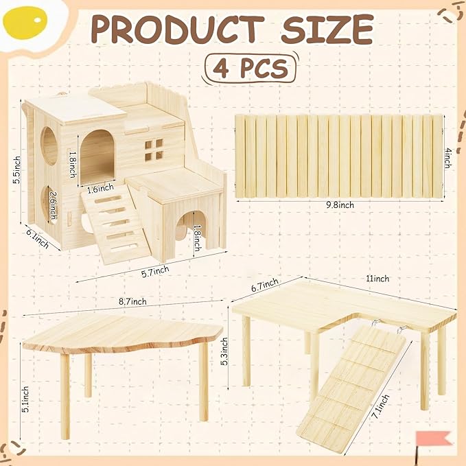 BreezeHug 4 Pcs Hamster Platform Hideout Wooden Tunnel Ladder Playhouse Hamster Game Climbing Toy with Platform Cage Accessories for Small Pets Dwarf Syrian Mice Degus Gerbils Squirrel(Loft)