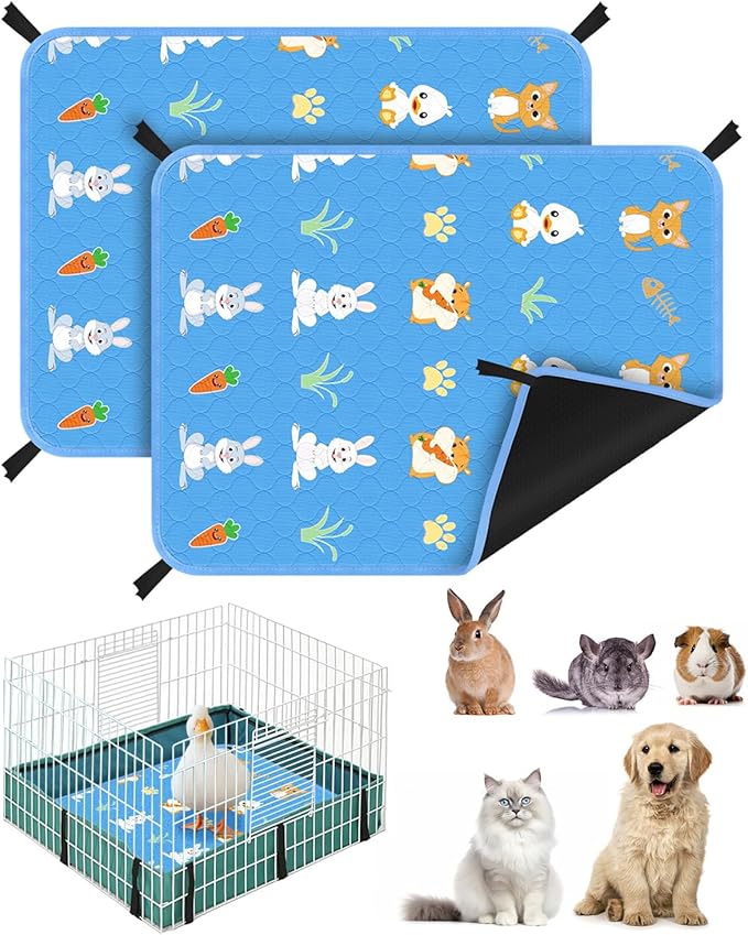 Bissap 2 Packs Guinea Pig Cage Liners, 18''X24'' Washable Guinea Pig Pee Pads Non Slip Reusable Fast and Super Absorbent Bedding for Small Animals Rabbit Hamster Chinchillas Rat - Blue