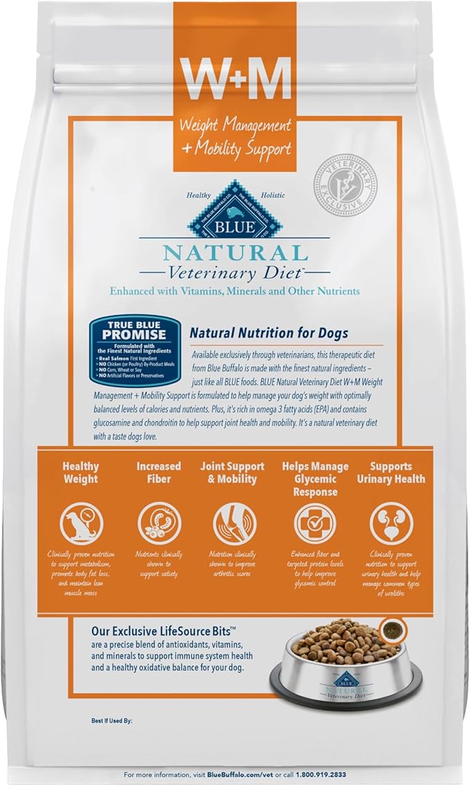 Blue Buffalo Natural Veterinary Diet W+M Weight Management + Mobility Support Dry Dog Food, Veterinarian Prescription Required, Salmon, 6-lb. Bag