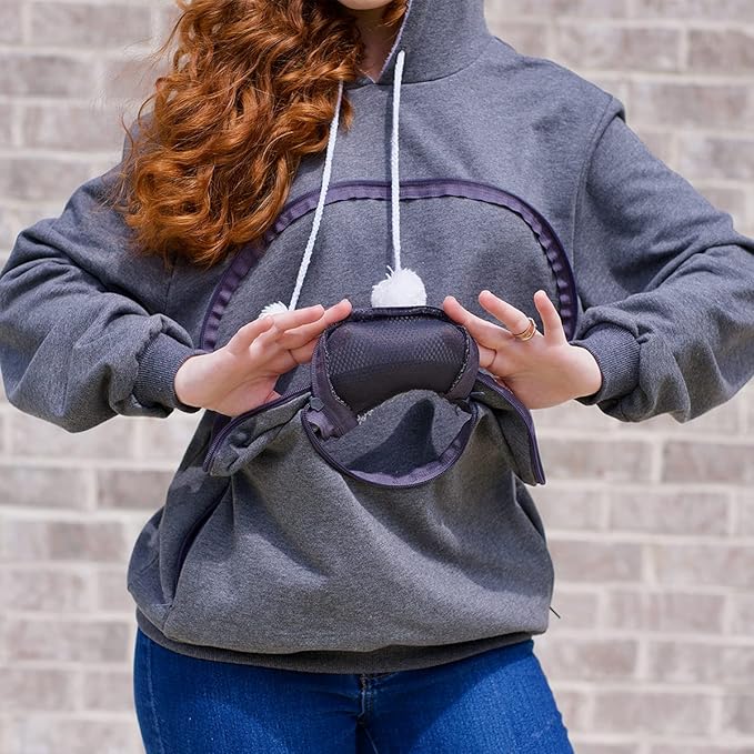 ALYC Unisex Hoodies Pet Holder Cat Dog Large Pouch Carriers Pullover with Cat Printing Sweatshirt (Dark Grey-XL)