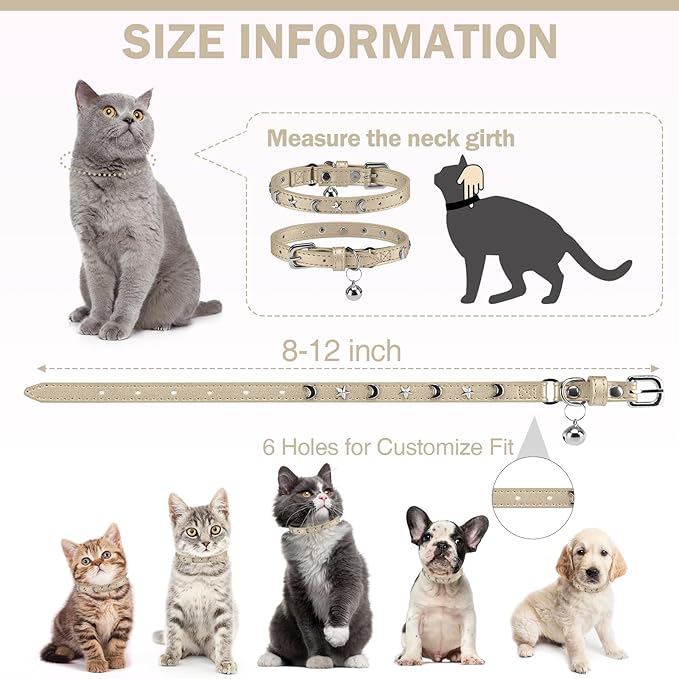 Leather Cat Collars for Boy Girl Cats with Bell and Safety Elastic Belt, Personalized Star and Moon Stud Adjustable Safe Buckle Collar for Kitty Small Big Cats Size 7-9 Inch, Gold