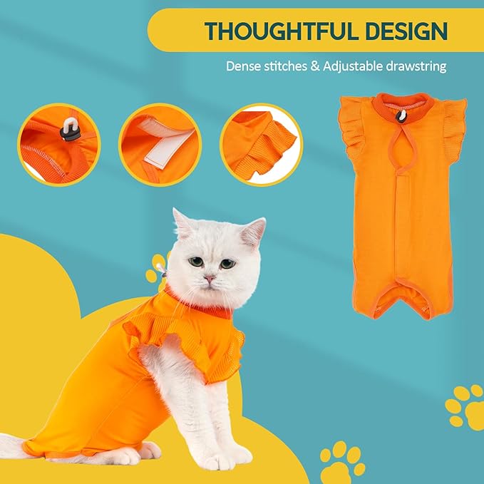 Avont Cat Recovery Suit - Post-Surgery Onesie for Cats, Alternative to Cone of Shame, Protective Spay Suit for Female Kitten, Ideal for Healing and Skin Conditions -Orange(L)
