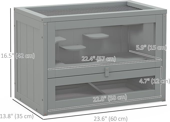 PawHut 2-Level Hamster Cage Mice and Rat House, Small Animal Habitat for Chinchillas with Openable Top, Front Door, Shelf and Ladder, Gray