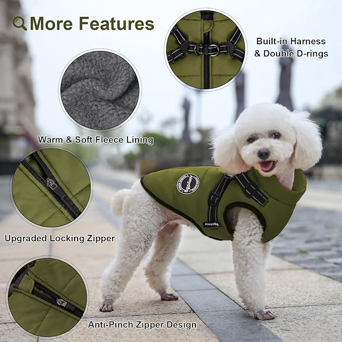 Warm Dog Winter Coat, Fashion Sports Cold Weather Jacket with Built-in Harness, Reflective & Adjustable Comfortable Pet Vest, Windproof Apparel for Small Medium Large Dogs (Green)