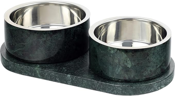 DBL1000A Marbre Small/Medium Modern Weighted Double Marble and Stainless Steel Bowl 12oz (1.5 Cups) Feeder with Non-Slip Marble Tray Set, Green
