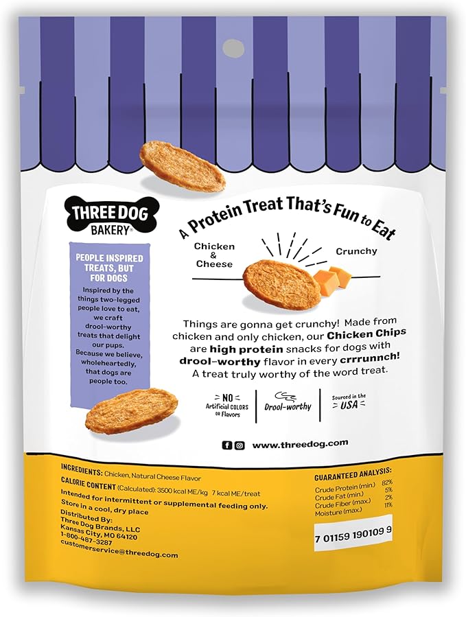 Three Dog Bakery Bark'N Crunch! Chicken & Cheese Chips with 100% Real Chicken - 3.8 oz - Crunchy Treats for Dogs - High Protein Dog Snacks - Grain Free, No Corn or Soy, Limited Ingredient Treats
