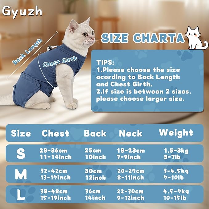 Gyuzh Cat Surgery Recovery Suit for Male Cats - Breathable & Comfortable Cone Alternative. Easy-Pull Recovery Suit with Adjustable Neck & Snap Closure for Neutering, Anti-Licking Wound Care Blue S