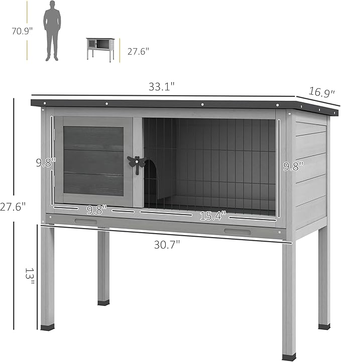 PawHut Elevated Wooden Rabbit Hutch, Indoor/Outdoor Bunny Cage with Hinged Asphalt Roof and Removable Tray for Guinea Pig, Gray