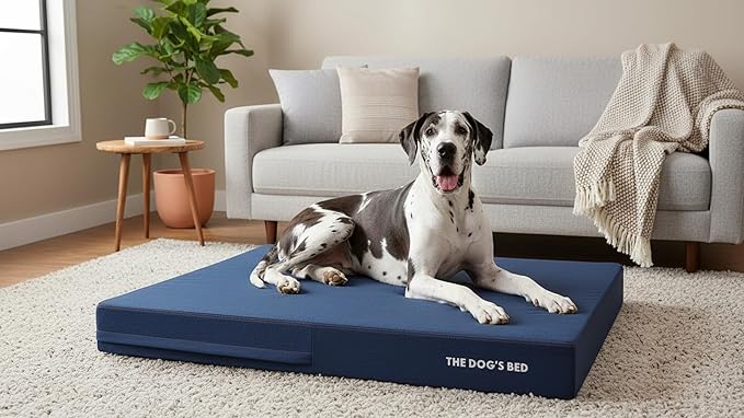 The Dog’s Bed Orthopedic Memory Foam Dog Bed for XXL Dogs, Waterproof Washable Cover, Anti-Slip Base, Calming Surface – CertiPUR-Certified Foam, Real Blue Denim, 6 Inch Thick
