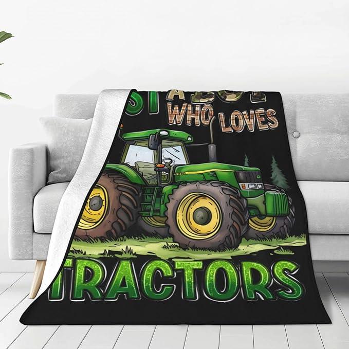 Just A Boy Who Love Tractors Blanket Green Tractor Decor Throw Blanket Gifts For Girls Boys Super Warm Soft Plush Lightweight Fleece Flannel Blanket Couch Bedding Blanket For Adults Kids Women 50"X40"