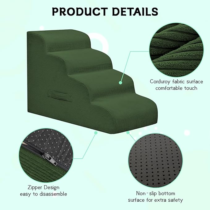Mesa Lemon Dog Steps for Small Dogs, 4-Step Pet Ramp Stairs for High Beds and Sofa, Non-Slip Pet Stairs for Small Dogs and Cats, Removable and Easy to Clean Cover, Green